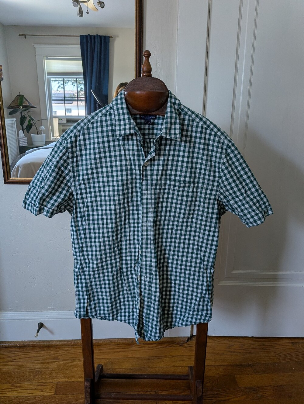 GAP Green and White Gingham Short-Sleeve Button-Down Shirt